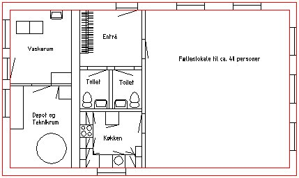 Plantegning af fælleshuset med fælleslokale, køkken, toiletter, vaskerum og depot